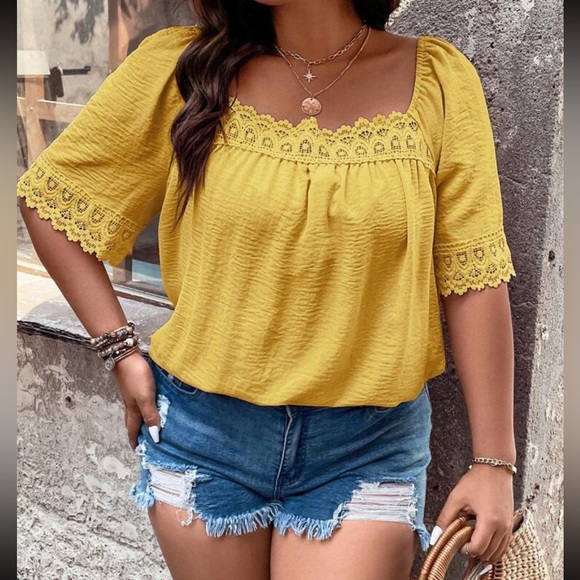 Plus size lace trim square neck blouse - Picture 9 of 16